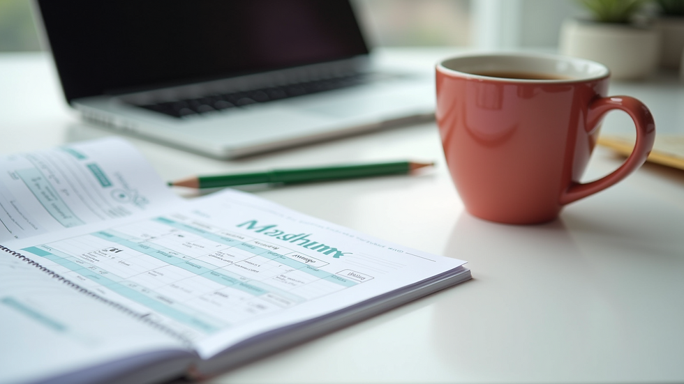 Close-up view of a desk with a laptop, coffee cup, and a planner showing flexible work schedules