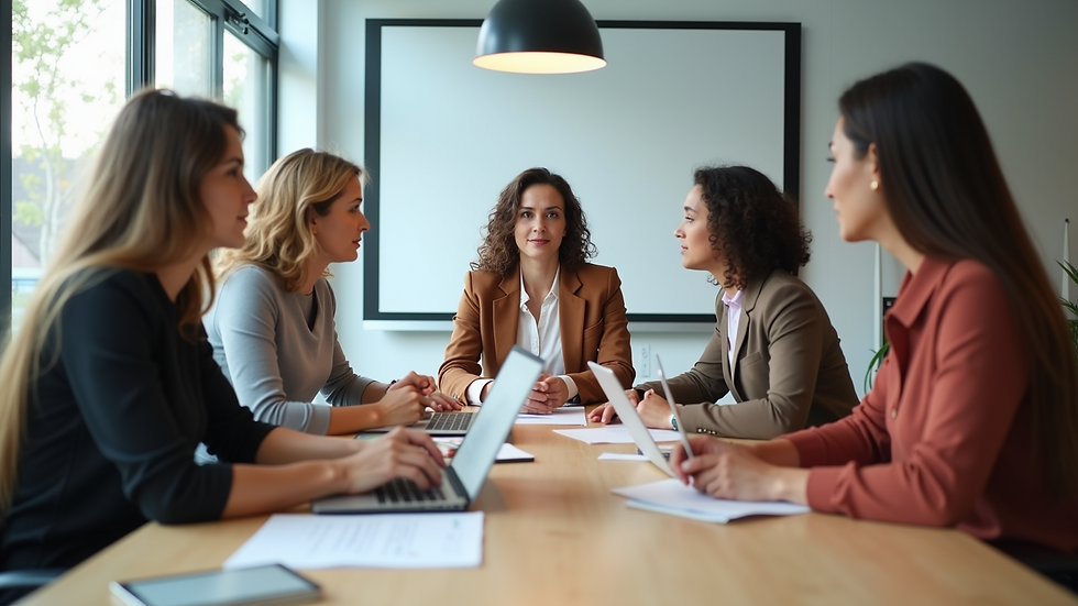 Eye-level view of a meeting room with diverse team discussing workplace wellbeing