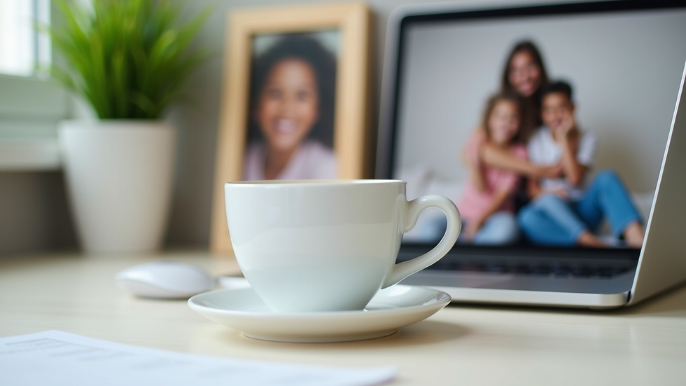 Close-up view of a desk with a laptop, coffee cup, and family photo
