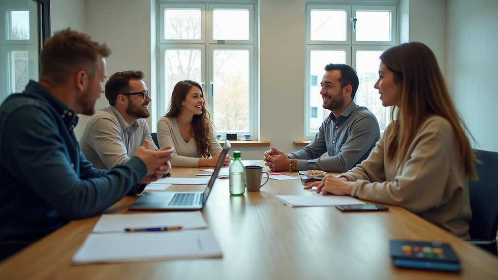 Eye-level view of a modern office meeting room with a collaborative team discussion