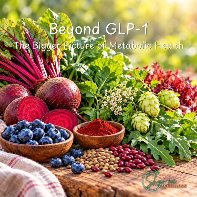 Colorful whole foods including beets, leafy greens, blueberries, hops, and legumes, representing the connection between GLP-1, gut health, circulation, and metabolic balance.