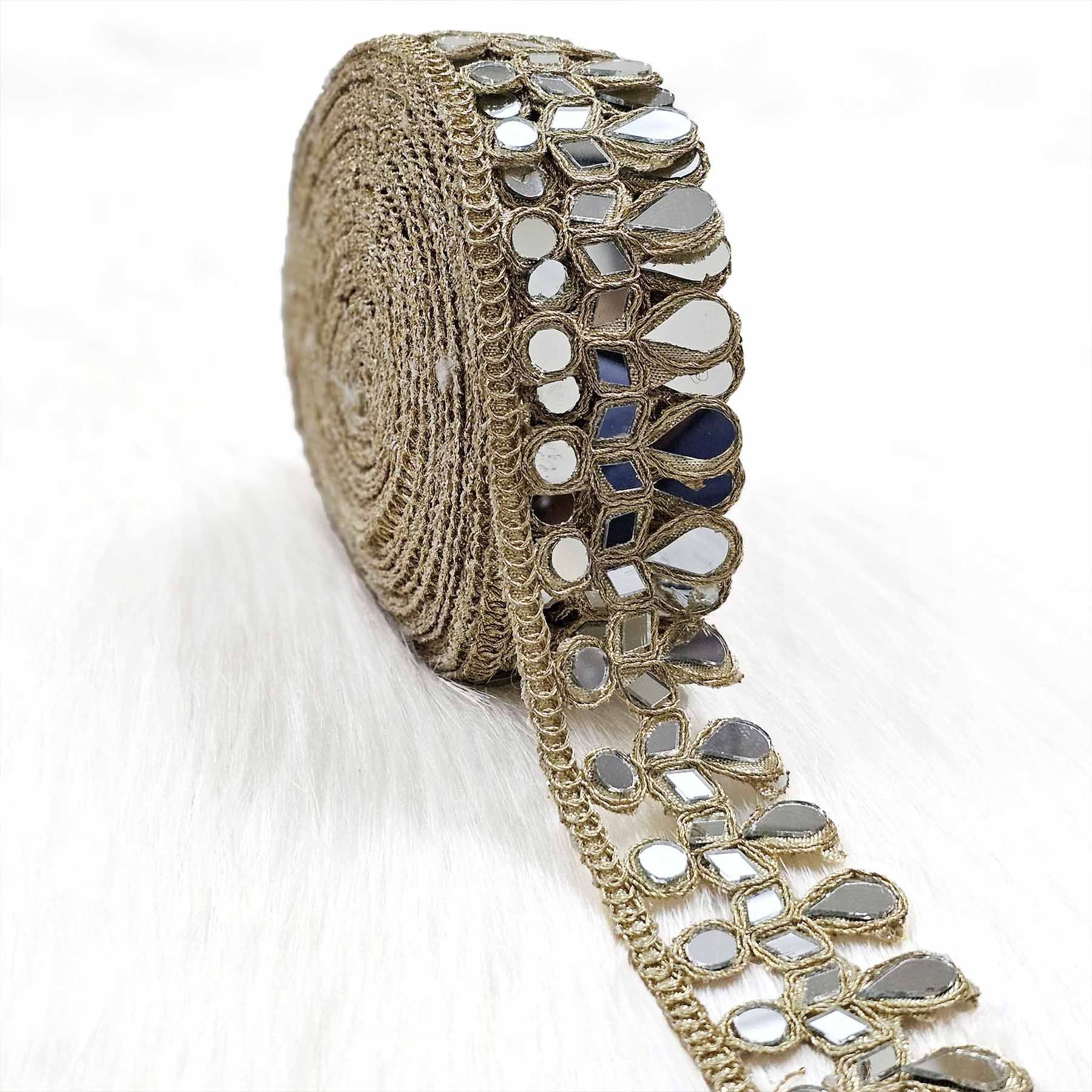 Golden Metallic Thread & Mirror Work Lace Trim for DIY Craft Sewing & Decoration