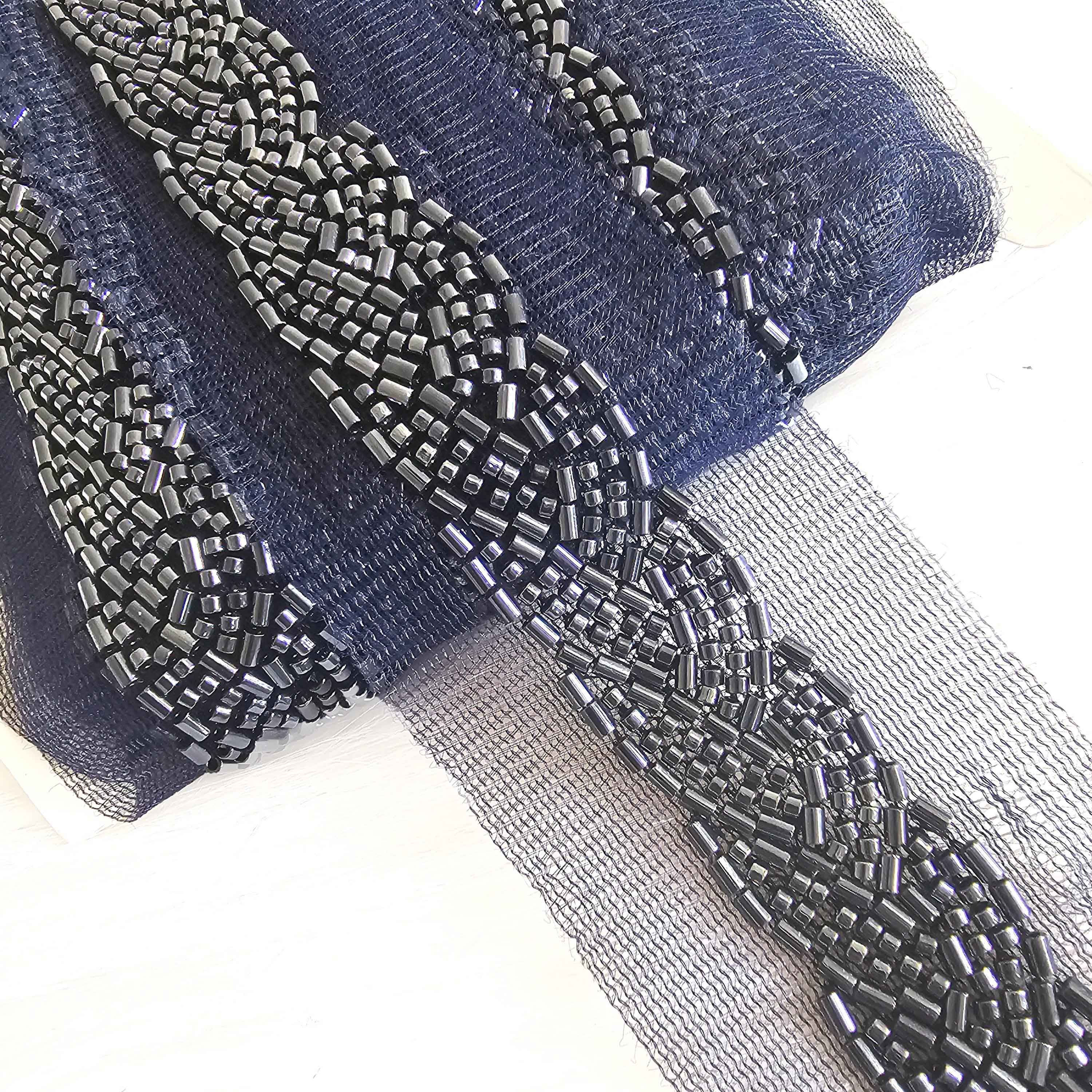 Navy Blue Hand Embroidery beads Border lace