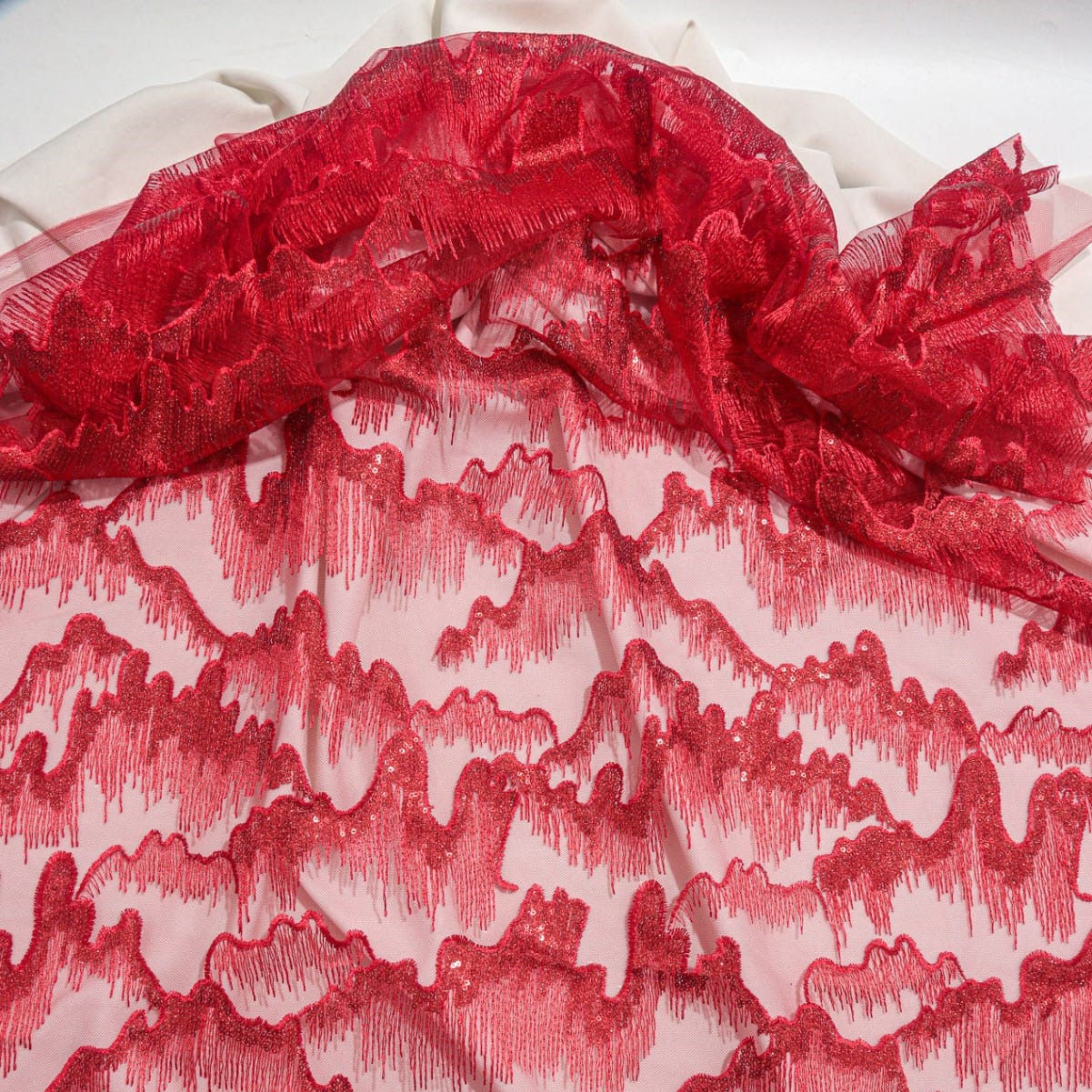 Red Thread Sequins Embroidery Fabric 150cm Width for DIY Clothing Dress Design