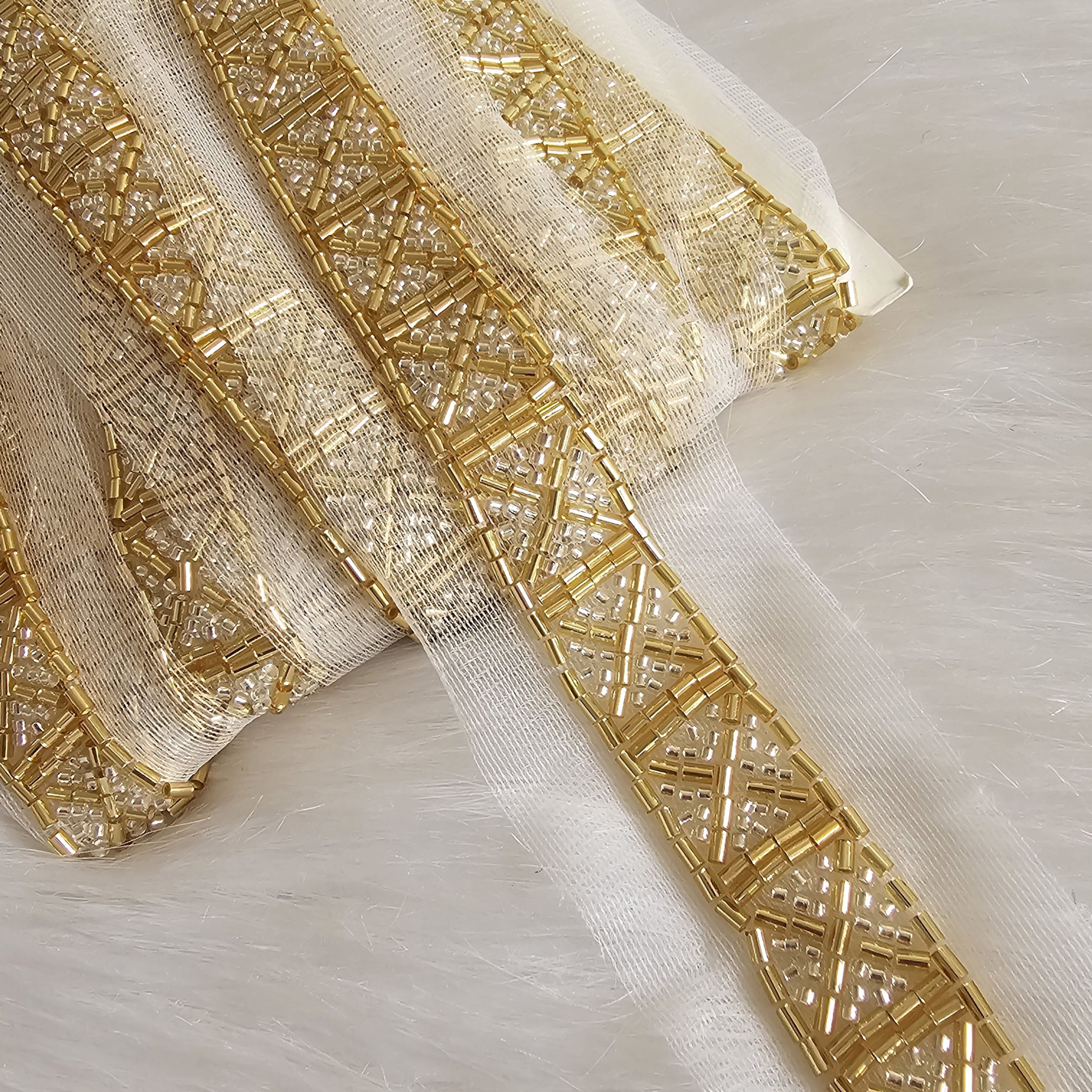 Golden Silver Shiny Beads border lace