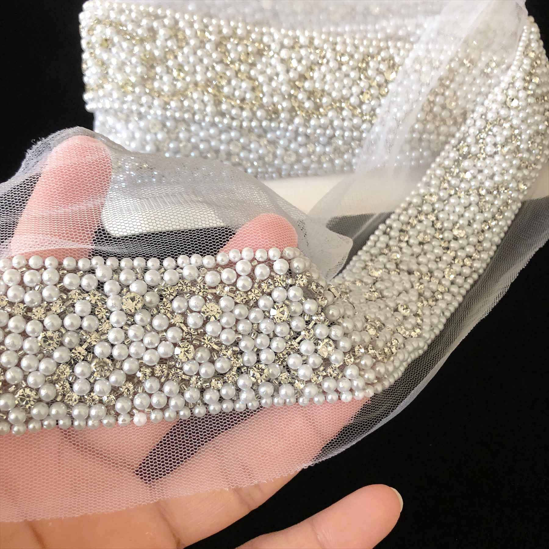 White pearl rhinestone embroidery border lace