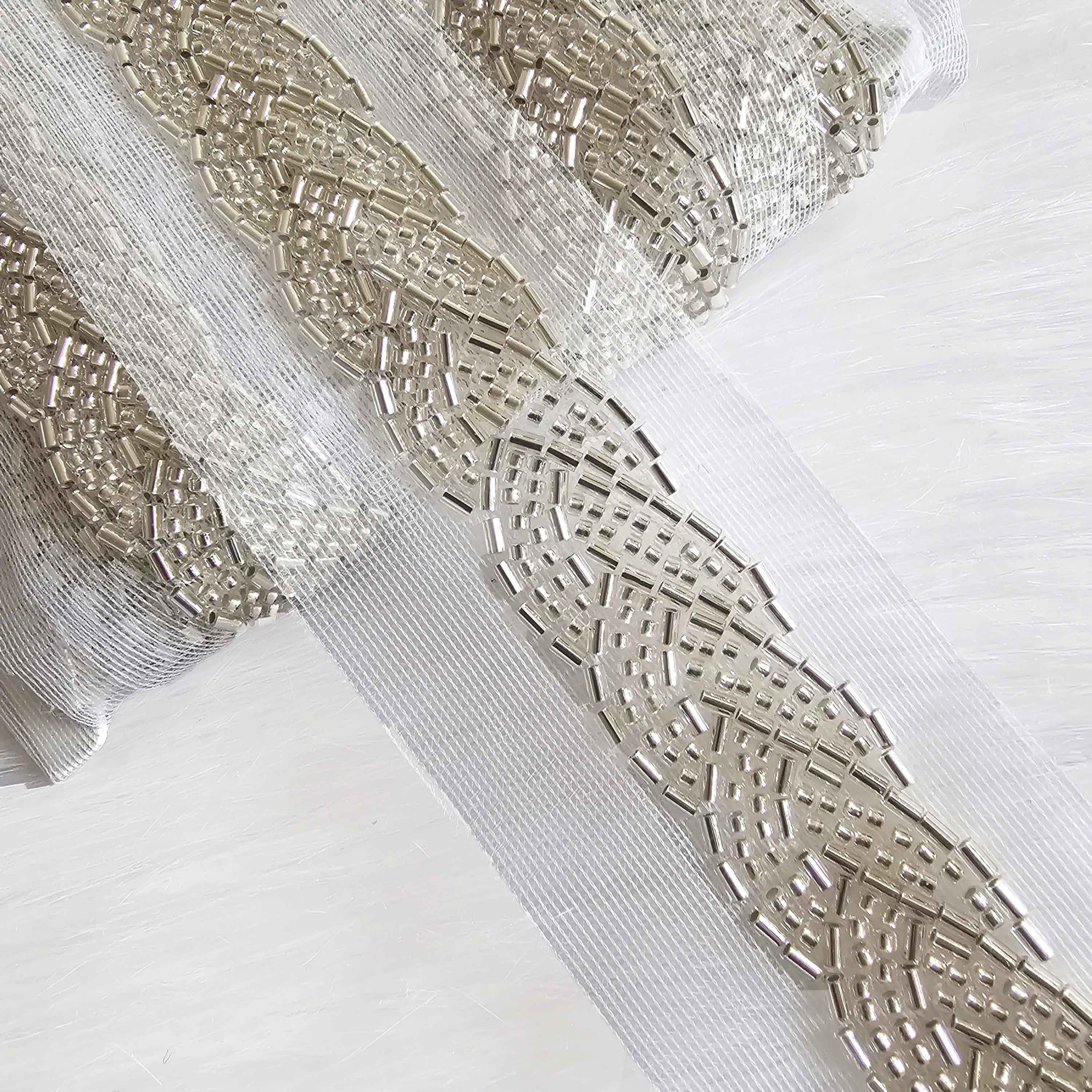 Silver beads embroidery border lace