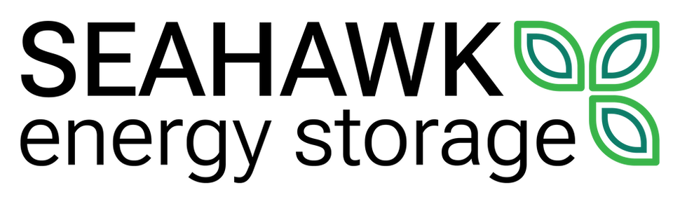 A logo reading "Seahawk Energy Storage" with green leaf shapes