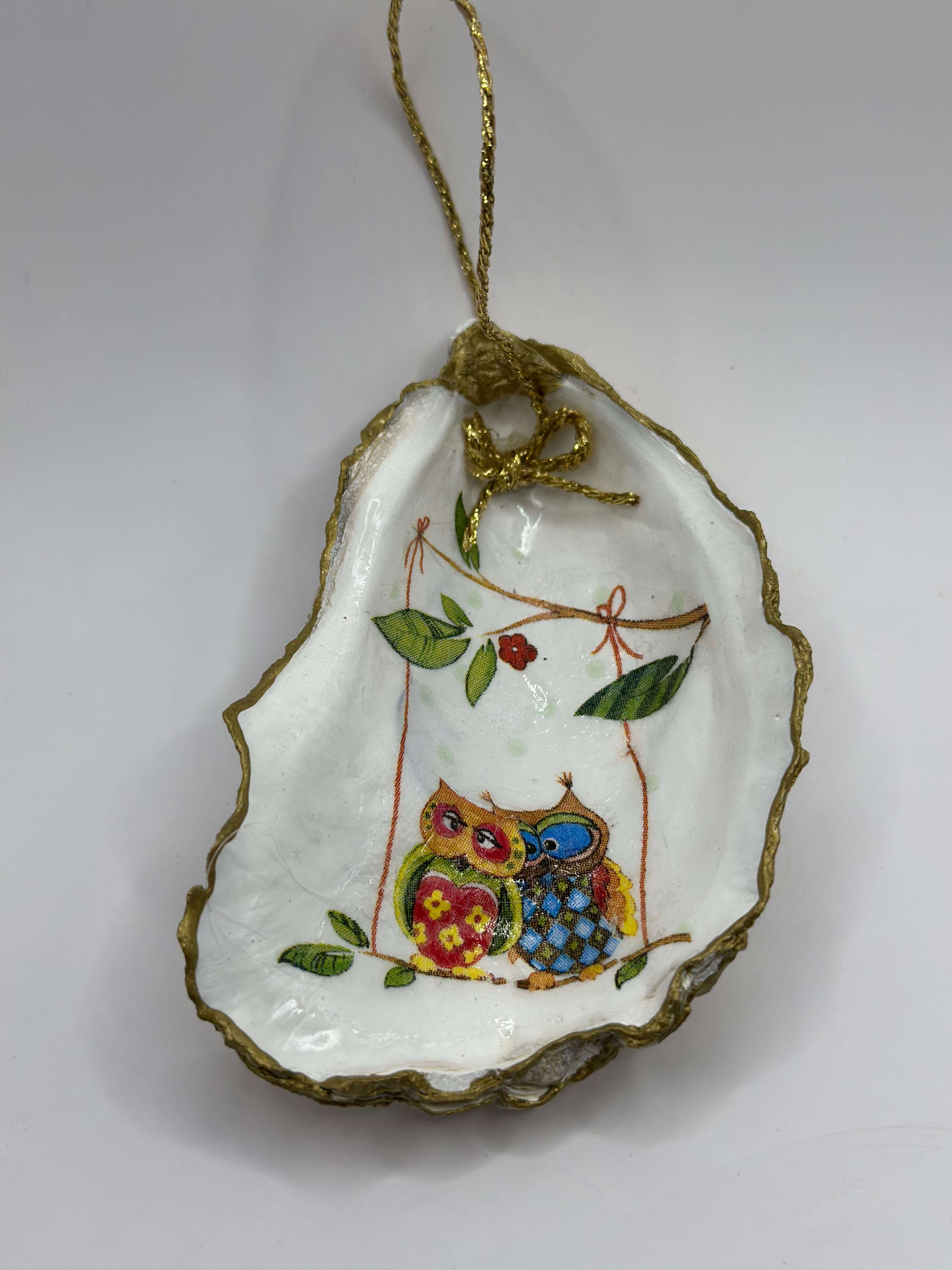 Owl Love Oyster Shell Ornament or Bottle Charm