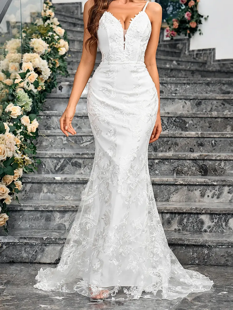 Miniatura: Vestido de Noiva Sereia Justo com Cauda — Decote V, Renda Bordada