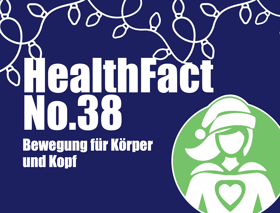 Grafik mit dunkelblauem Hintergrund und weihnachtlicher Lichterkette. Links steht der Titel ‘HealthFact No. 38 – Bewegung für Körper und Kopf’. Rechts ist das winterliche HelpingHero.app-Icon mit Mütze zu sehen. Die Grafik gehört zum Healthventskalender 2025 und stellt den heutigen HealthFact der HelpingHero.app vor.