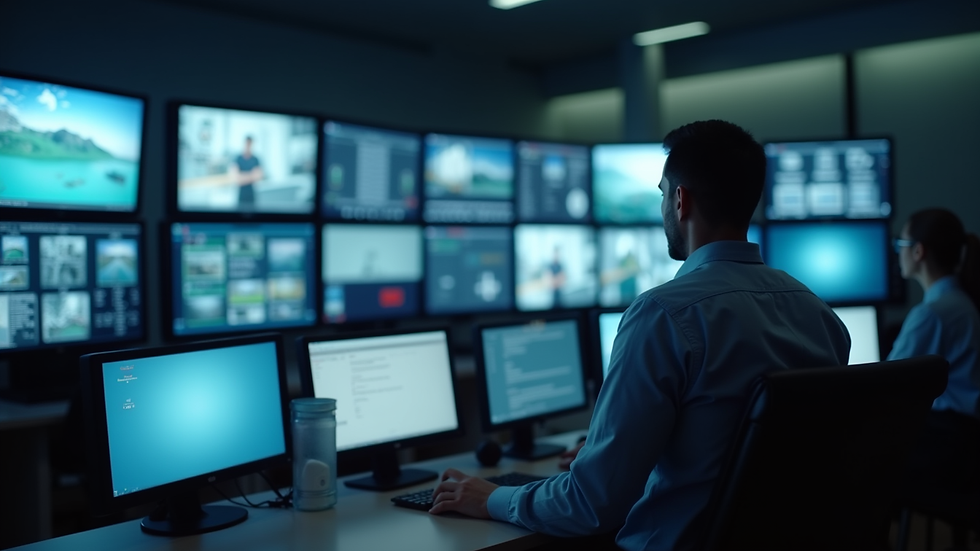 Close-up view of a security control room monitoring multiple screens