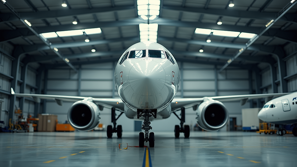 Wide angle view of an aircraft undergoing maintenance