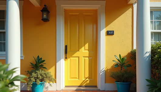 a crisp new coat of yellow paint on a house door