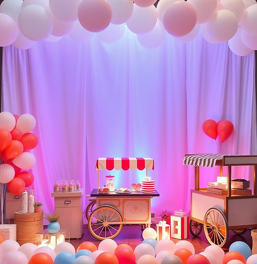 scattered party decorations and supplies. with back drop. balloons, food carts.jpg