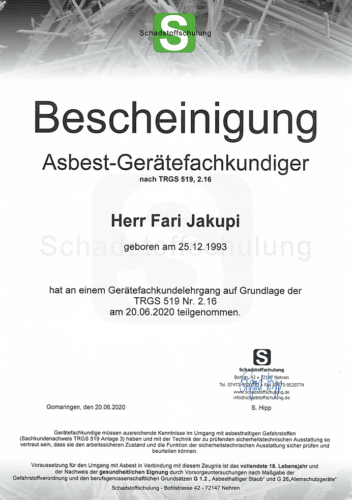 Asbest-Gerätefachkundiger