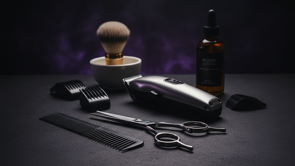 Close-up view of men's grooming tools including scissors, comb, and clippers