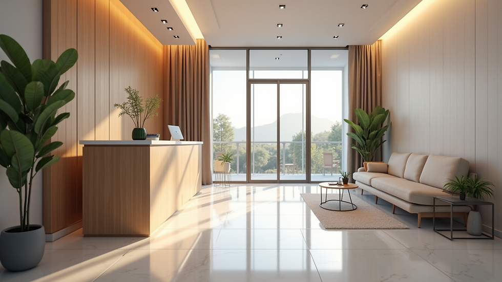 Eye-level view of modern dental clinic reception area on Avenida Bonampak