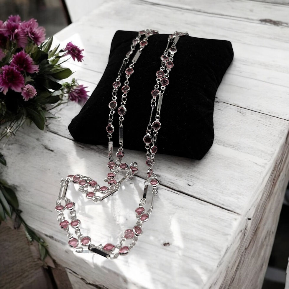 Necklace Pink Crystals on Double Silvertone Chain