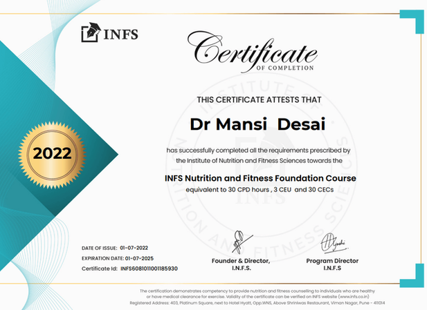 Certification on NUTRITION AND FITNESS FOUNDATION from INFS
