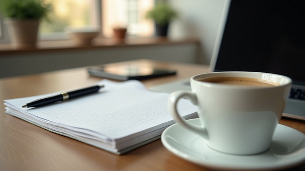 Eye-level view of a notebook with a pen and a cup of coffee on a wooden desk