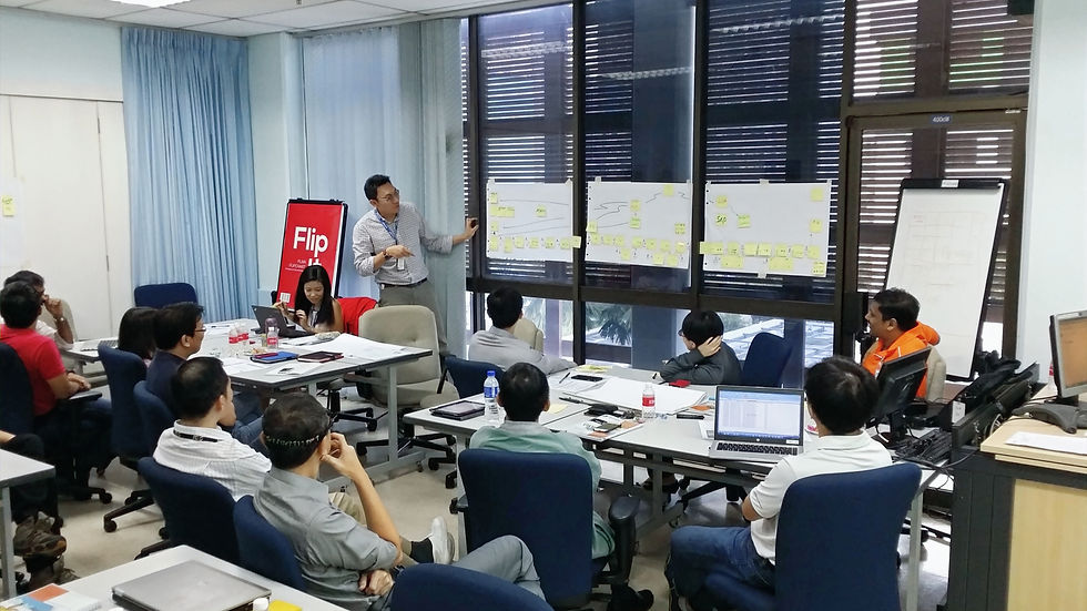Micron team leader presenting current state value stream map analysis to team members during an OEC-facilitated VSM workshop in Singapore