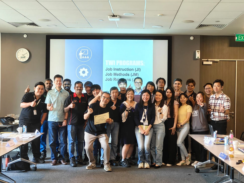 Grundfos Singapore TWI workshop participants group photo with TWI Master Trainer Allan Ung August 2025