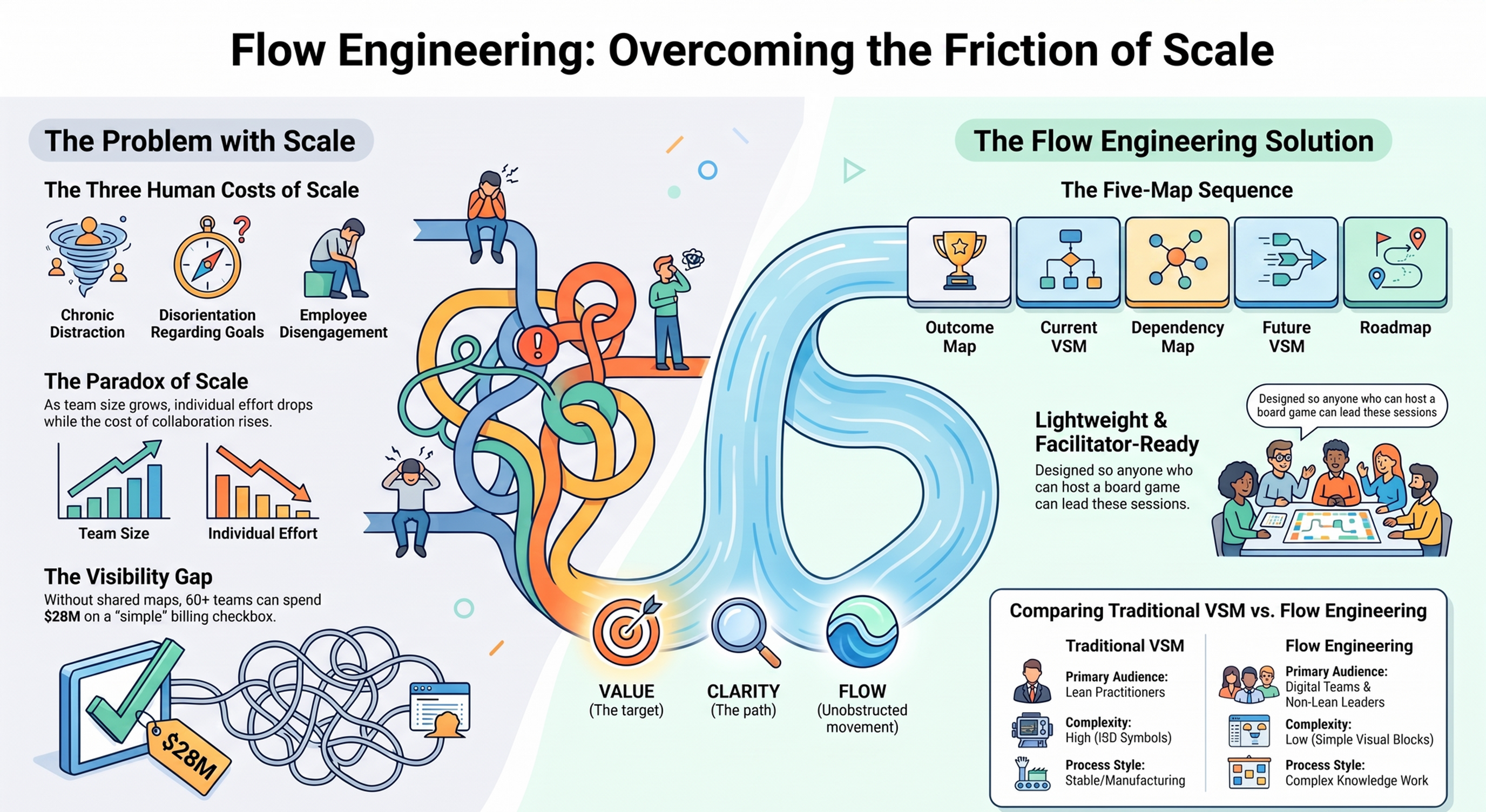 Flow Engineering: Overcoming the Friction of Scale — split infographic contrasting the problem of scale (chronic distraction, disorientation, employee disengagement, and a tangled $28M visibility gap) on the left with the Flow Engineering solution (the five-map sequence, lightweight facilitation, and a comparison of Traditional VSM versus Flow Engineering) on the right.