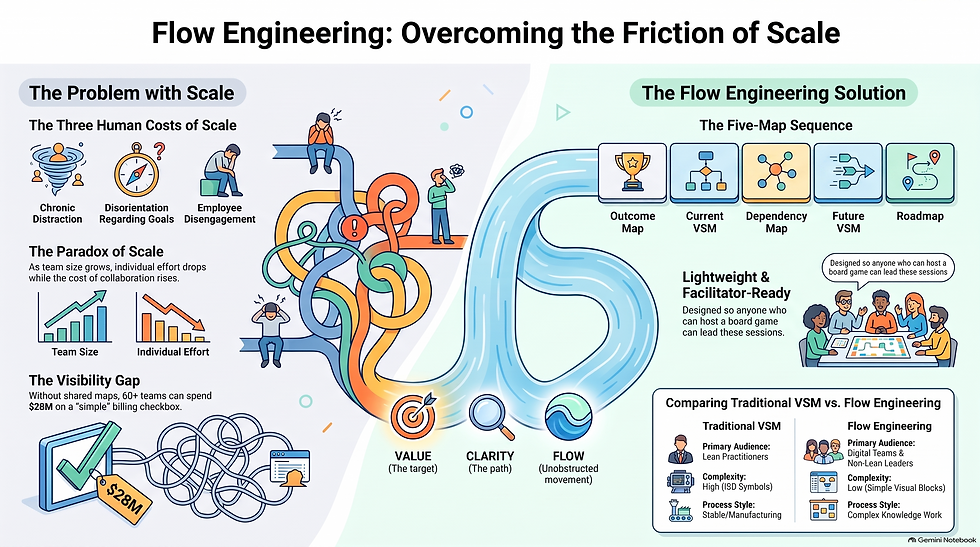 Flow Engineering: Overcoming the Friction of Scale — split infographic contrasting the problem of scale (chronic distraction, disorientation, employee disengagement, and a tangled $28M visibility gap) on the left with the Flow Engineering solution (the five-map sequence, lightweight facilitation, and a comparison of Traditional VSM versus Flow Engineering) on the right.