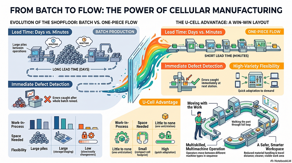 An infographic titled "From Batch to Flow: The Power of Cellular Manufacturing" comparing two distinct production environments.
The Batch Production section depicts a traditional, fragmented factory layout with long queues of units moving between isolated milling, drilling, and assembly departments, resulting in lead times measured in days, high work-in-process (WIP) levels, and low flexibility.
The Cellular Manufacturing section illustrates a modern, integrated environment featuring a U-shaped layout where stations form a loop to minimize operator travel. It shows multiskilled, mobile operators standing and managing multiple machine types, facilitating one-piece flow with minimal WIP and a compact footprint. Key findings noted include immediate defect detection and mutual gains in productivity for the company and safer, more varied work for staff.