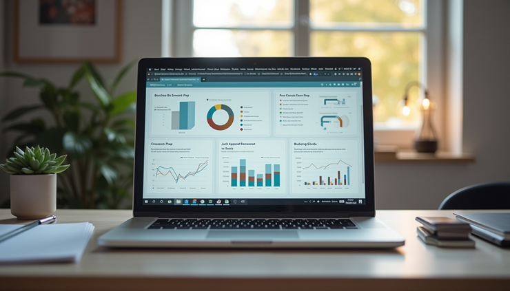 Eye-level view of a neatly organized workspace with a laptop displaying workflow charts