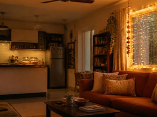 Warm evening living room with a ceiling fan overhead and fairy lights along the window, ready for Diwali
