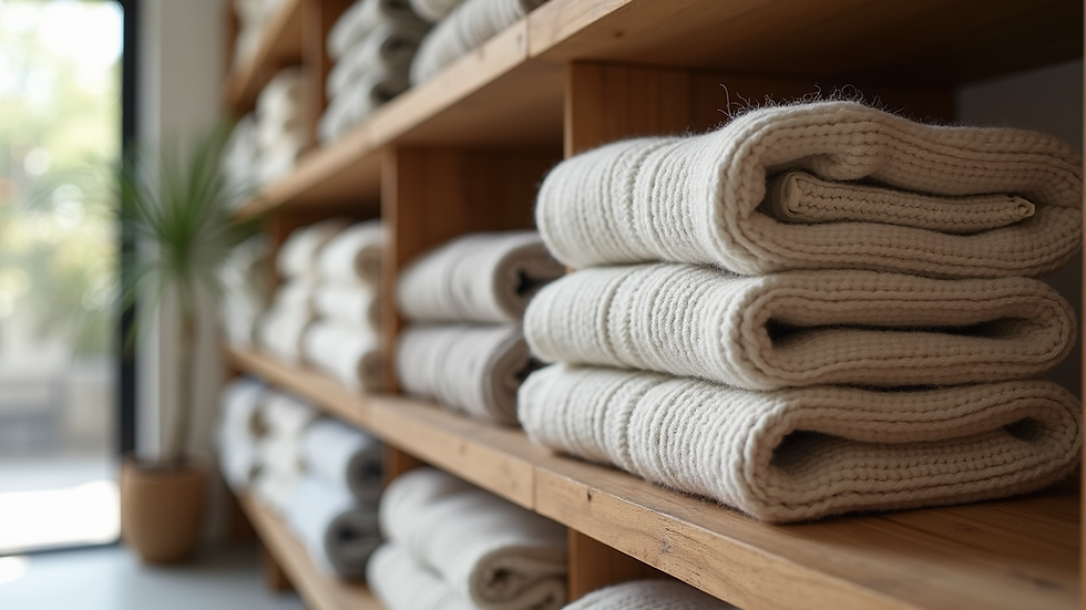 Close-up view of folded organic cotton sweaters on a wooden shelf