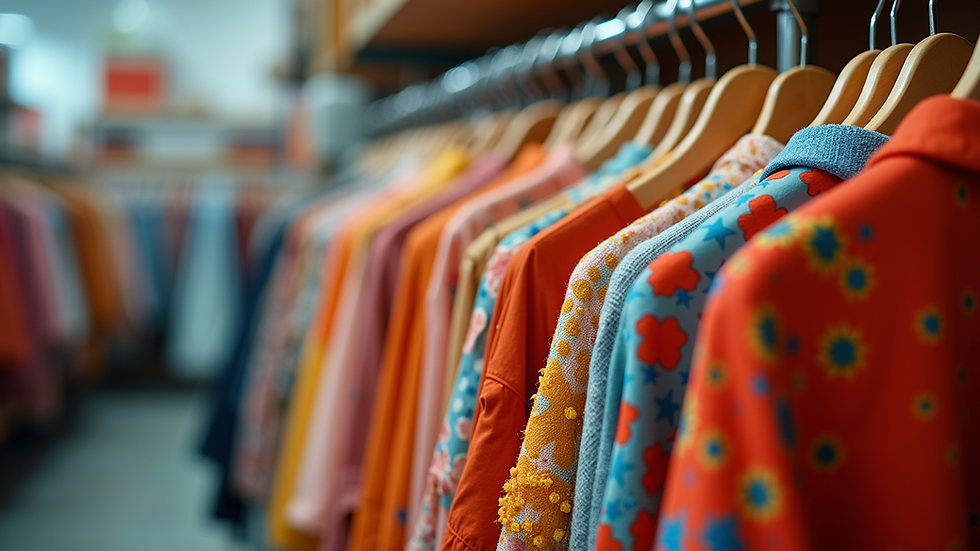 Eye-level view of a colorful clothing rack filled with unique styles
