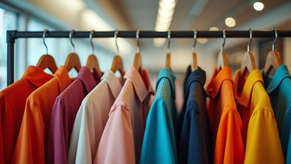 Wide angle view of a clothing rack showcasing vibrant outfits