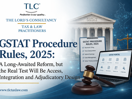 GSTAT Procedure Rules, 2025, showing a legal-technology theme with tribunal building, gavel, digital portal, and title on GST appellate reform in India.