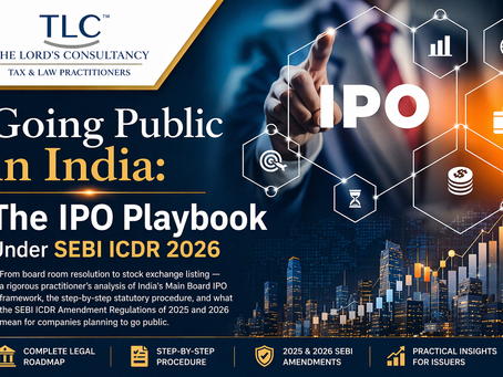 “Going Public in India: The IPO Playbook Under SEBI ICDR 2026”, showing IPO-themed business imagery, corporate icons, and firm branding.