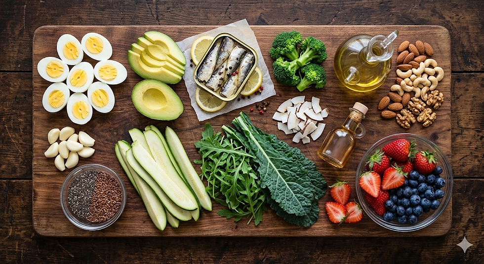 Mesa com 16 alimentos anti-inflamatórios para diabéticos dispostos em grupos: ovos, abacate, peixes, vegetais folhosos, azeite, oleaginosas e massa shirataki — arsenal alimentar para reverter o diabetes segundo o Dr. Turí Souza