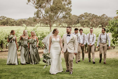 Bridal party with coordinated natural glam makeup, Adelaide wedding