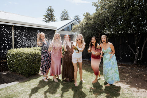 Bridesmaids celebrating with fresh natural glam makeup