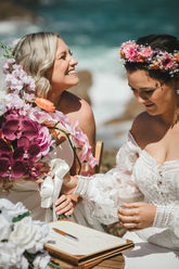 Wedding ceremony moments with flawless bridal airbrush makeup, beach