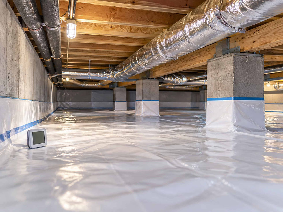 Crawlspace encapsulation with sealed white liner and taped seams