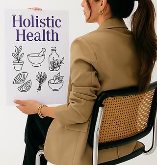 Mujer sosteniendo cartel de salud holística con ilustraciones botánicas.”