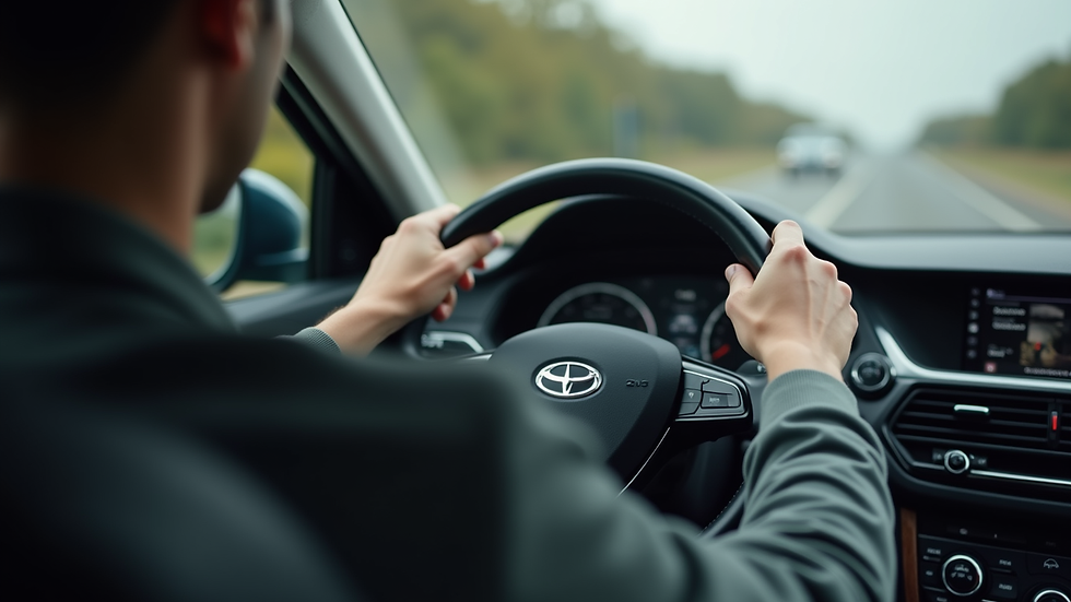 Close-up view of a driver’s hands on the steering wheel focusing on the road