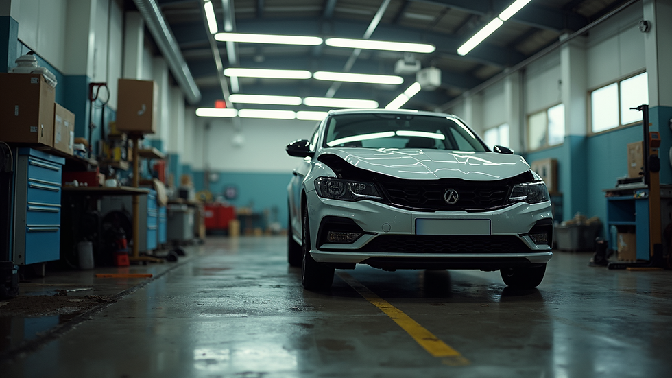 Eye-level view of a damaged car parked in a repair shop