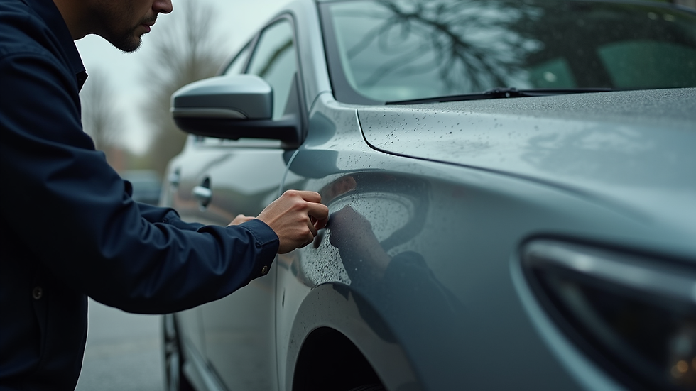 Eye-level view of a car with a dented door being inspected