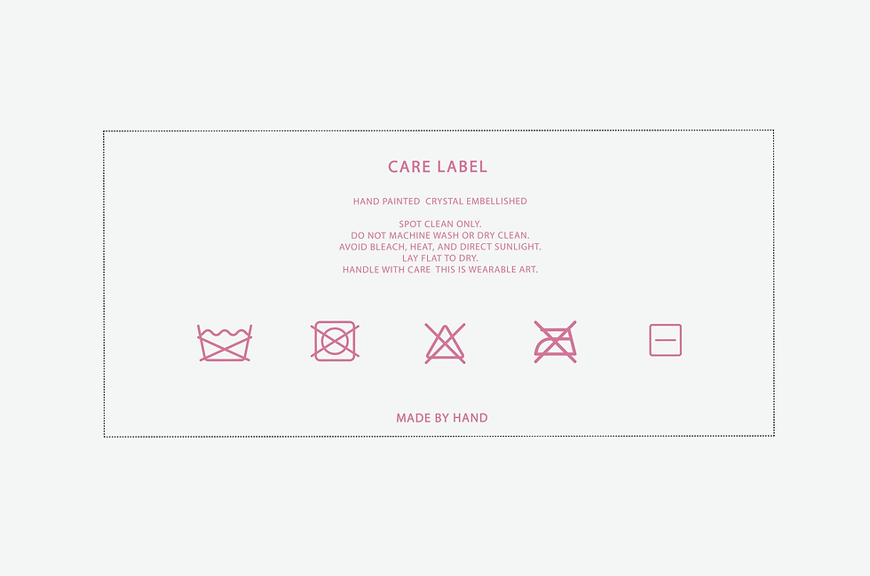 Care label with text and symbols that say Made by Hand, Muse Murals.