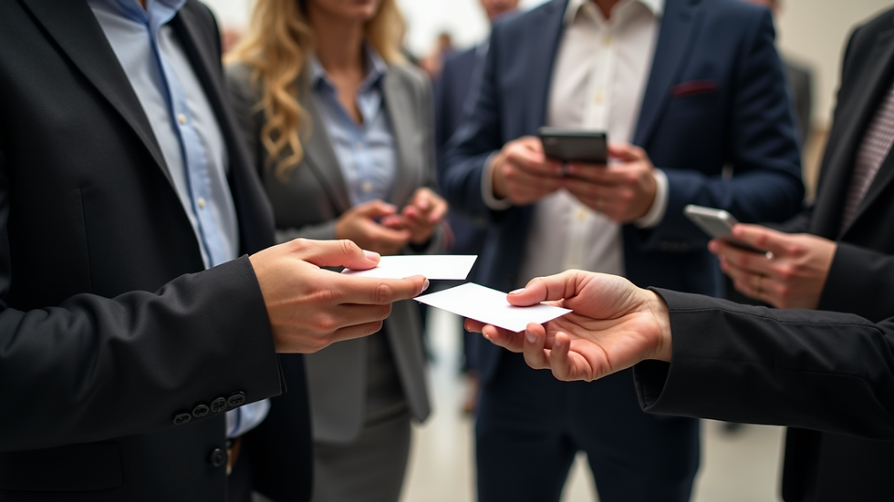 Eye-level view of a business networking event with professionals exchanging business cards