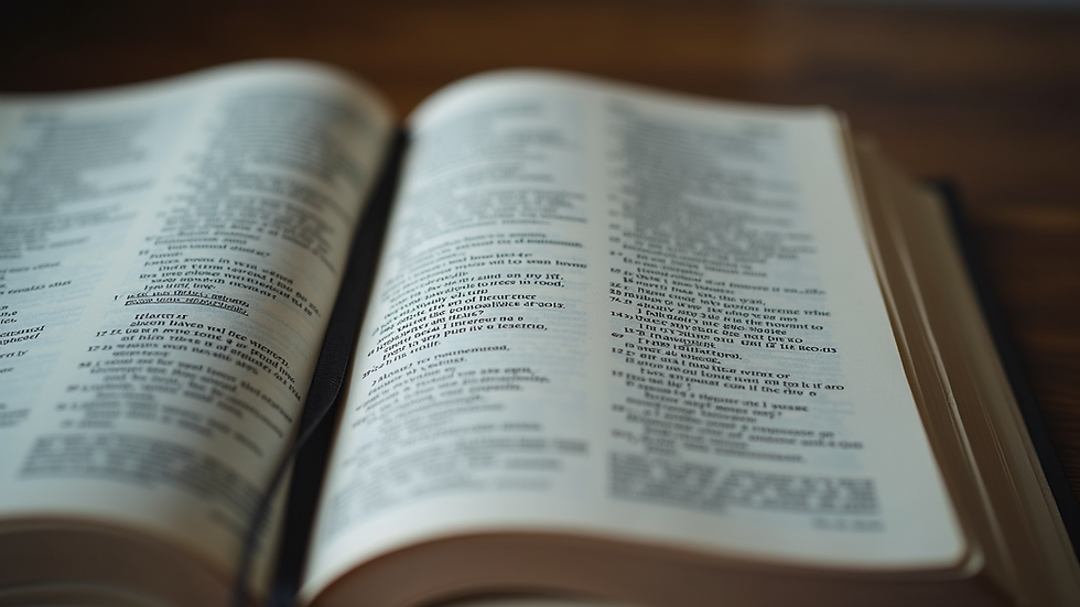 Eye-level view of open Bible pages with highlighted verses