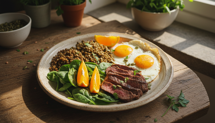 Overhead view of spinach, lentils, red meat, eggs, and citrus fruit on a ceramic plate